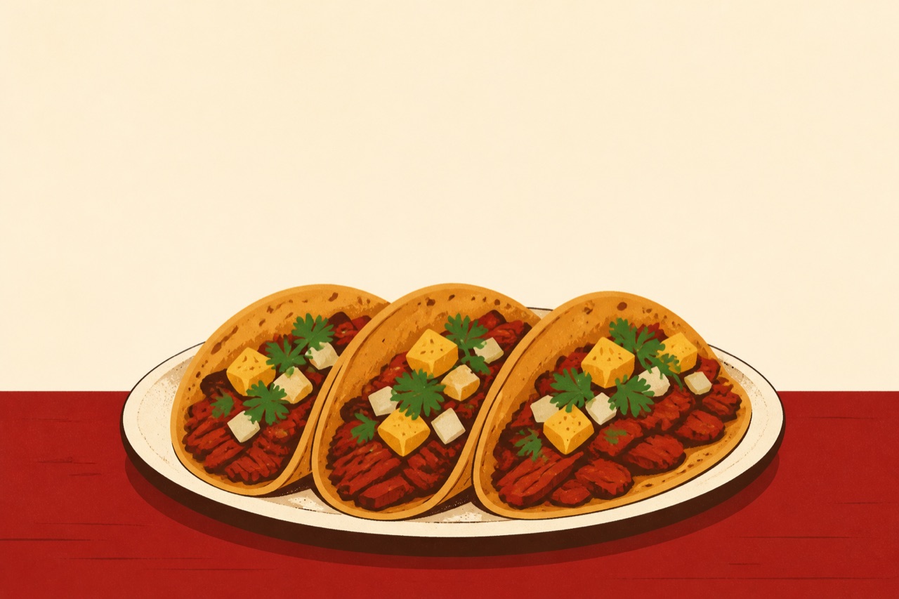 Ilustración de un plato con tres tacos al pastor con piña, cebolla y cilantro